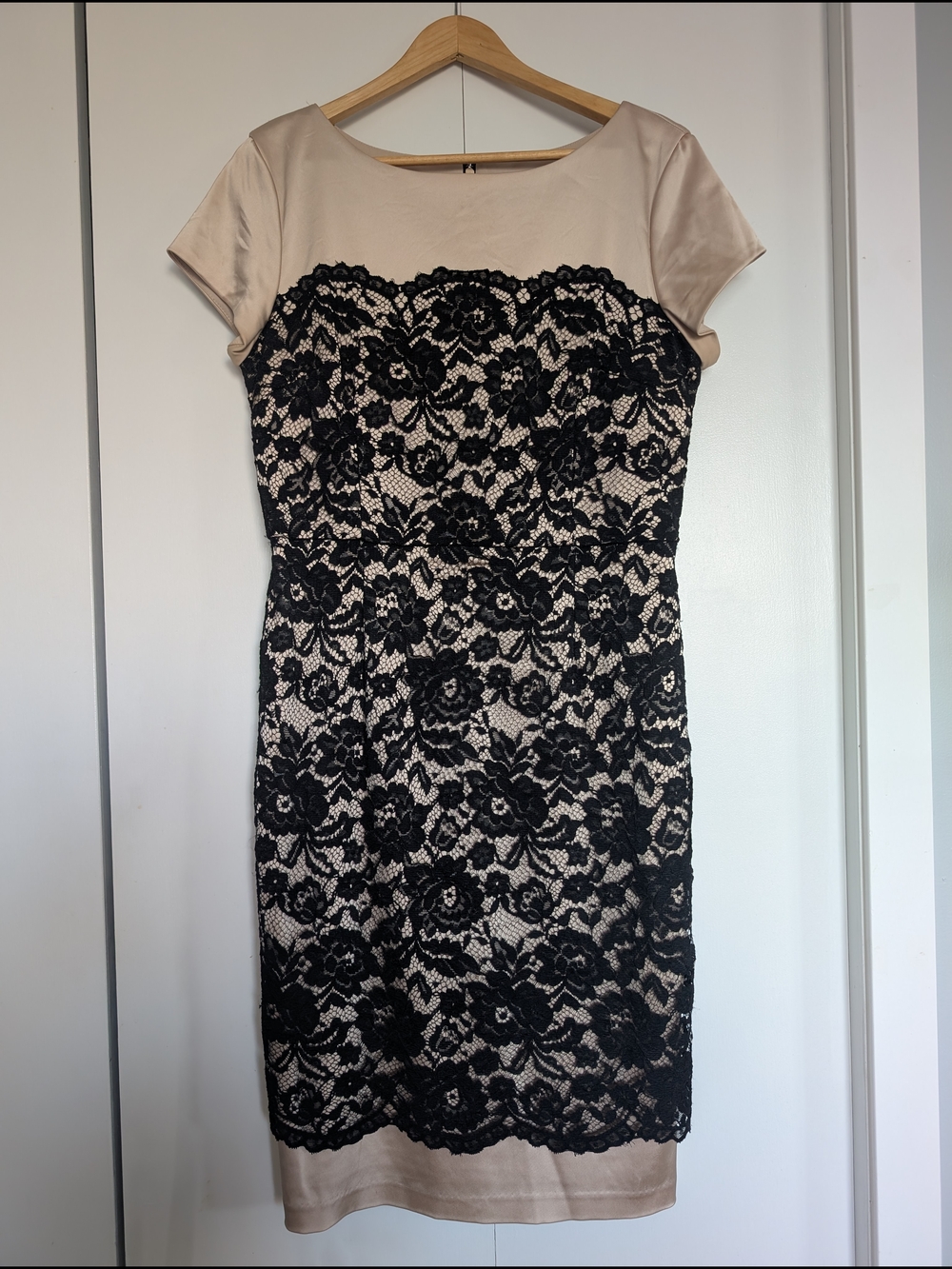 le chateau Black Lace Overlay on Nude Midi Sheath Dress